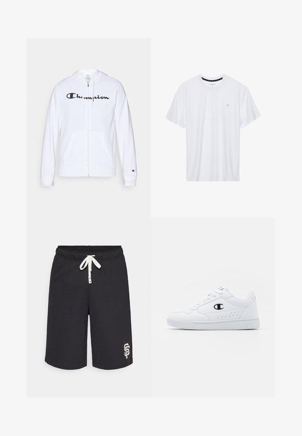 Valge tõmbluku eest avanev kapuutsiga pusa, mis on valmistatud pehmest kangast. Ees on must "Champion" logo, taskud on nagu känguru taskud ja varrukaotsad on soonilised.; Valge ümar kaelusega T-särk, mis on valmistatud puuvillast, lühikeste varrukatega ja vasakus rinnas on väike tikand. Pehme tekstuur.; Musthave musta spordilükk, mis on valmistatud pehmest kangast, millel on nööriga vöökoht ja vasakus jalas valge tikandlogoga.; Valged spordijalatsid, millel on sile sünteetiline pealmine osa, must logo aktsent ja perforatsioonid külgedel. Kummikreen.