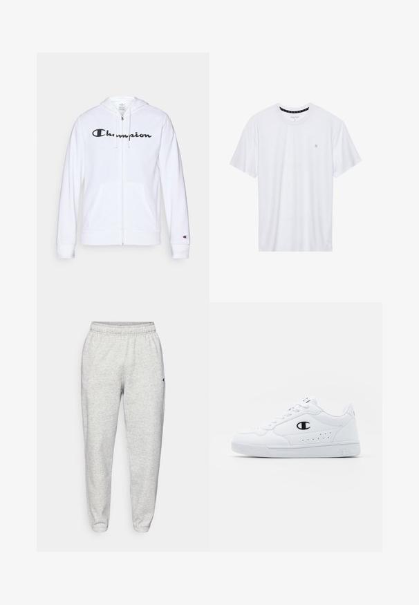 Balts zip-up džemperis, izgatavots no mīkstas auduma, ar melnu "Champion" logotipu uz krūtīm, kengura kabatām un ribotām piedurknēm.; Balts krekliņš ar apaļu kakla izgriezumu, izgatavots no kokvilnas, ar īsām piedurknēm un mazu logo izšuvumu kreisajā krūtīs. Mīksta tekstūra.; Champion ICONS CUFF PANTS - Treniņtērpa apakšdaļas - grey; Baltas sporta apavi ar gludu sintētisku augšdaļu, melnu logotipa akcentu un perforētu apdari sānos. Gumijas zole.