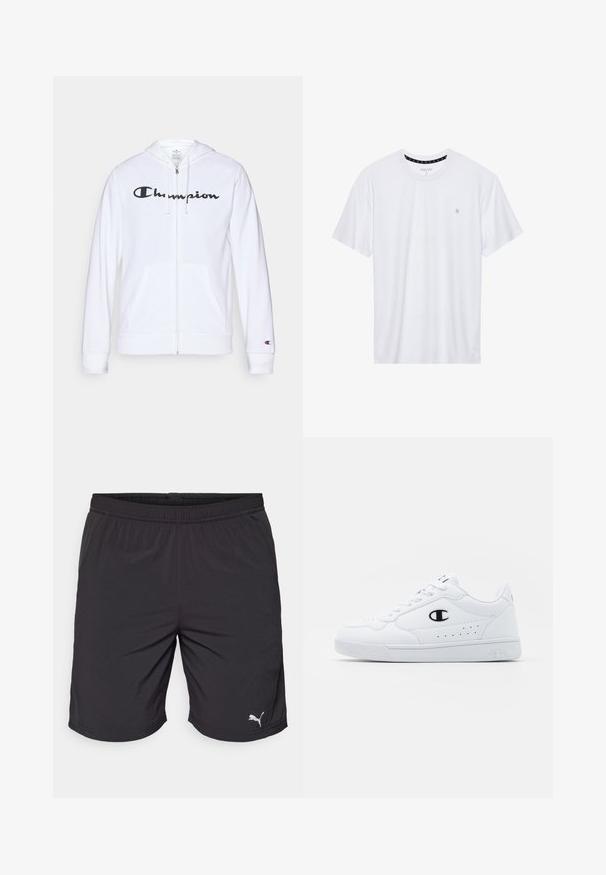Bílá mikina na zip vyrobená z měkké tkaniny, s černým logem "Champion" na hrudi, kapsami ve tvaru klokaní kapsy a žebrovanými manžetami.; Bílý crewneck tričko vyrobené z bavlny, s krátkými rukávy a malým logem vyšitým na levé straně hrudi. Měkká textura.; Černé sportovní šortky vyrobené z lehké tkaniny s elastickým pasem. Obsahují malé bílé logo Puma v dolním levém rohu.; Bílé sportovní tenisky s hladkým syntetickým svrškem, černým logem a perforovanými detaily po stranách. Gumová podrážka.