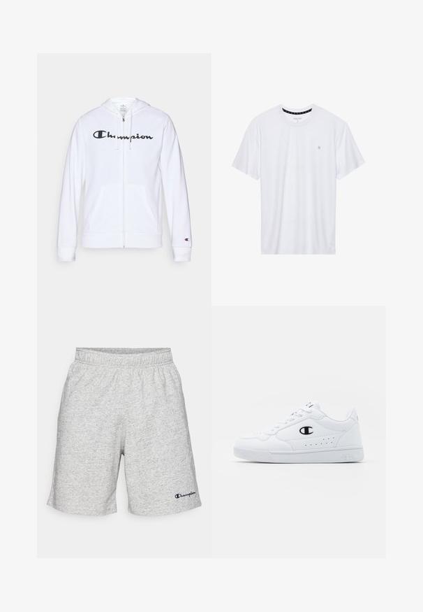 Valge tõmbluku eest avanev kapuutsiga pusa, mis on valmistatud pehmest kangast. Ees on must "Champion" logo, taskud on nagu känguru taskud ja varrukaotsad on soonilised.; Valge ümar kaelusega T-särk, mis on valmistatud puuvillast, lühikeste varrukatega ja vasakus rinnas on väike tikand. Pehme tekstuur.; Hallid hallist jersey materjalist lühikesed püksid, millel on elastne vöökoht ja tumesinine "Champion" logo alumises vasakus nurgas.; Valged spordijalatsid, millel on sile sünteetiline pealmine osa, must logo aktsent ja perforatsioonid külgedel. Kummikreen.