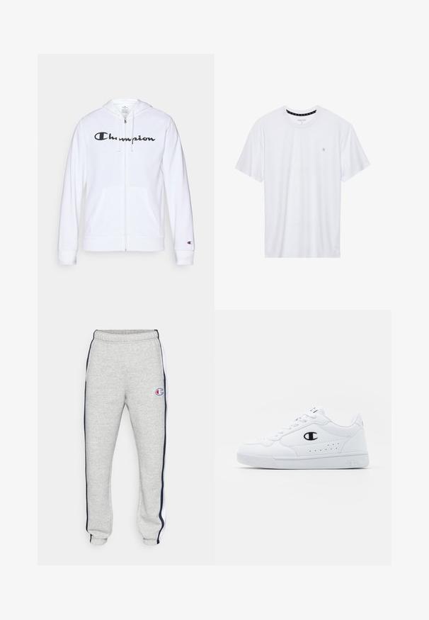Sudadera blanca con cremallera hecha de tela suave, que presenta un logo negro de "Champion" en el pecho, bolsillos tipo canguro y puños acanalados.; Camiseta de algodón de cuello redondo en color blanco, con mangas cortas y un pequeño logo bordado en el área del pecho izquierdo. Textura suave.; Pantalones de chándal grises con una cinturilla elástica, que cuentan con franjas laterales en color marino y un pequeño logotipo en el muslo izquierdo. Textura suave, parecida al forro.; Zapatillas deportivas blancas con un upper sintético suave, acento del logo en negro y detalles perforados en los laterales. Suela de goma.