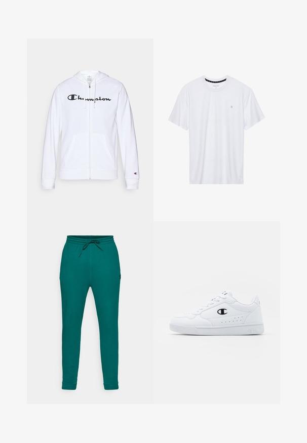 Hvid zip-hoodie lavet af blødt stof, med et sort "Champion" logo på brystet, kængurulommer og ribbede manchetter.; Hvid crewneck t-shirt lavet af bomuld, med korte ærmer og et lille logo broderet på venstre brystområde. Blød tekstur.; Tearen sweatpants lavet af blødt stof, med en justerbar talje, tapered ben og ribbede manchetter. Minimalistisk design uden mønstre.; Hvide atletiske sneakers med en glat syntetisk overdel, sort logoaccent og perforerede detaljer på siden. Gummisål.