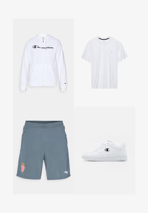 Sudadera blanca con cremallera hecha de tela suave, que presenta un logo negro de "Champion" en el pecho, bolsillos tipo canguro y puños acanalados.; Camiseta de algodón de cuello redondo en color blanco, con mangas cortas y un pequeño logo bordado en el área del pecho izquierdo. Textura suave.; Pantalones cortos deportivos grises hechos de una tela ligera. Cuentan con una cintura elástica, bolsillos laterales y un logotipo del equipo en rojo y oro en la pierna izquierda.; Zapatillas deportivas blancas con un upper sintético suave, acento del logo en negro y detalles perforados en los laterales. Suela de goma.