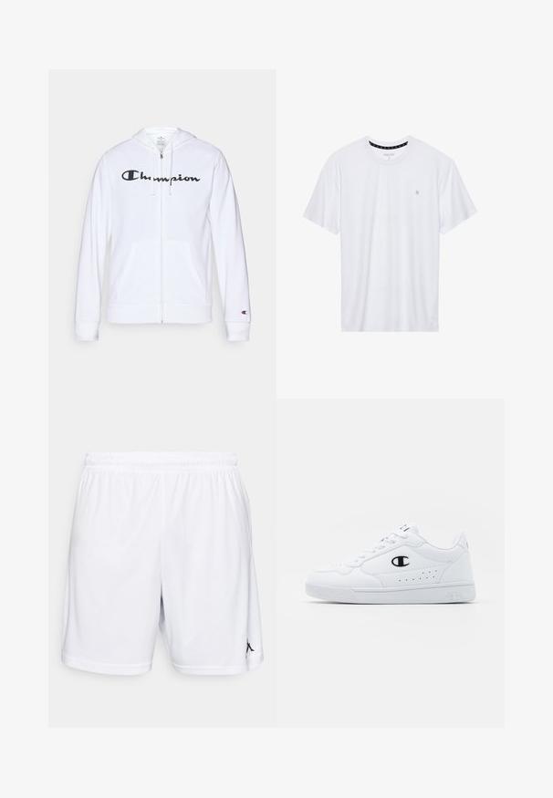 Valge tõmbluku eest avanev kapuutsiga pusa, mis on valmistatud pehmest kangast. Ees on must "Champion" logo, taskud on nagu känguru taskud ja varrukaotsad on soonilised.; Valge ümar kaelusega T-särk, mis on valmistatud puuvillast, lühikeste varrukatega ja vasakus rinnas on väike tikand. Pehme tekstuur.; Valged sportlikud lühikesed püksid kergest kangast, elastse vöökohaga ja musta logo aktsendiga vasakul jalal.; Valged spordijalatsid, millel on sile sünteetiline pealmine osa, must logo aktsent ja perforatsioonid külgedel. Kummikreen.