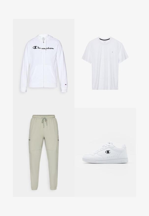 Bijela zip-up dukserica izrađena od mekog materijala, s crnim "Champion" logotipom na prsima, kengur džepovima i rebrastim manžetama.; Bijela majica s okruglim izrezom, izrađena od pamuka, s kratkim rukavima i malim logotipom izvezenim na lijevoj strani prsnog područja. Meka tekstura.; Svijetlozeleni trenirke izrađene od lagane tkanine, s elastičnim pojasom, šniranjem i dvije bočne džepove.; Bijele atletske tenisice s glatkim sintetičkim gornjištem, crnim logotipom i perforiranim detaljima sa strane. Guma potplat.