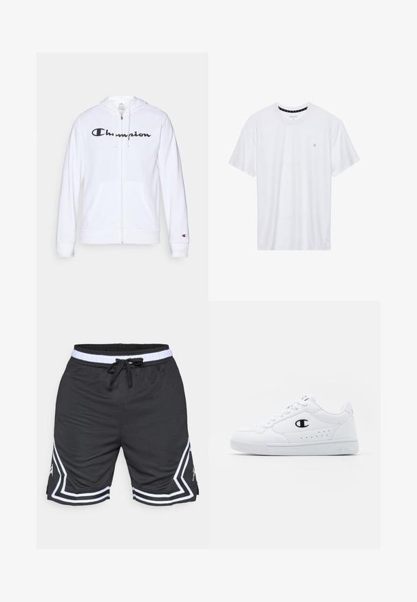 Hanorac alb cu fermoar, fabricat dintr-un material moale, având un logo negru "Champion" pe piept, buzunare tip kangaroo și manșete ribbate.; Tricou alb cu guler rotund, realizat din bumbac, cu mâneci scurte și un mic logo brodat în zona stângă a pieptului. Textură moale.; Pantaloni scurți atletici negri, realizați din material ușor. Prezintă o talie albă, șnur de strângere și dungi albe în unghi pe laterale.; Adidași albi pentru sport, cu o parte superioară din material sintetic neted, accent cu logo negru și detalii perforate pe lateral. Talpă din cauciuc.