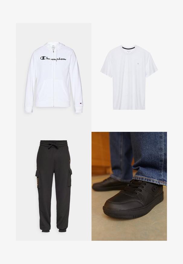 Balts zip-up džemperis, izgatavots no mīkstas auduma, ar melnu "Champion" logotipu uz krūtīm, kengura kabatām un ribotām piedurknēm.; Balts krekliņš ar apaļu kakla izgriezumu, izgatavots no kokvilnas, ar īsām piedurknēm un mazu logo izšuvumu kreisajā krūtīs. Mīksta tekstūra.; Melnas sporta bikses ar ribotu jostasvietu, ar aukliņu un kabatām no abām pusēm. Gluda tekstūra ar izšūtu logotipa detaļu.; Melni sporta apavi ar gludu, sintētisku materiālu. Ir saites aizdare un teksturētas akcenti augšdaļā. Gumijas zole ar protektora rakstu.