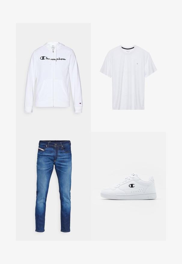 Sweatshirt branca com fecho, feita de tecido macio, apresentando um logótipo preto da "Champion" no peito, bolsos canguru e punhos canelados.; Camiseta branca de gola redonda feita de algodão, com mangas curtas e um pequeno logótipo bordado na área do peito esquerdo. Textura suave.; Jeans de denim azul com corte slim, apresentando um design de cinco bolsos, costuras em contraste e um leve desgaste nos painéis frontais.; Sapatilhas brancas de desporto com um cabedal sintético liso, detalhes em preto no logótipo e perfurações na lateral. Sola em borracha.