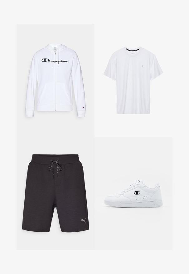 Valkoinen vetoketjullinen huppari, joka on valmistettu pehmeästä kankaasta. Hupparissa on musta "Champion"-logo rinnassa, kengurupocketsit ja ribbauskkeet.; Valkoinen pyöreäkauluksinen t-paita, joka on valmistettu puuvillasta. Siinä on lyhyet hihat ja pieni logo brodeerattuna vasempaan rintakehään. Pehmeä pinta.; Miesten tummanharmaat urheilushortsit, jotka on valmistettu pehmeästä kankaasta. Shortseissa on joustava vyötärö soljella ja pieni hopeinen logo sivussa.; Valkoiset urheilunikenrät, joissa on sileä synteettinen päällinen, musta logo-aksentti ja rei'itetty yksityiskohta sivuilla. Kumipohja.