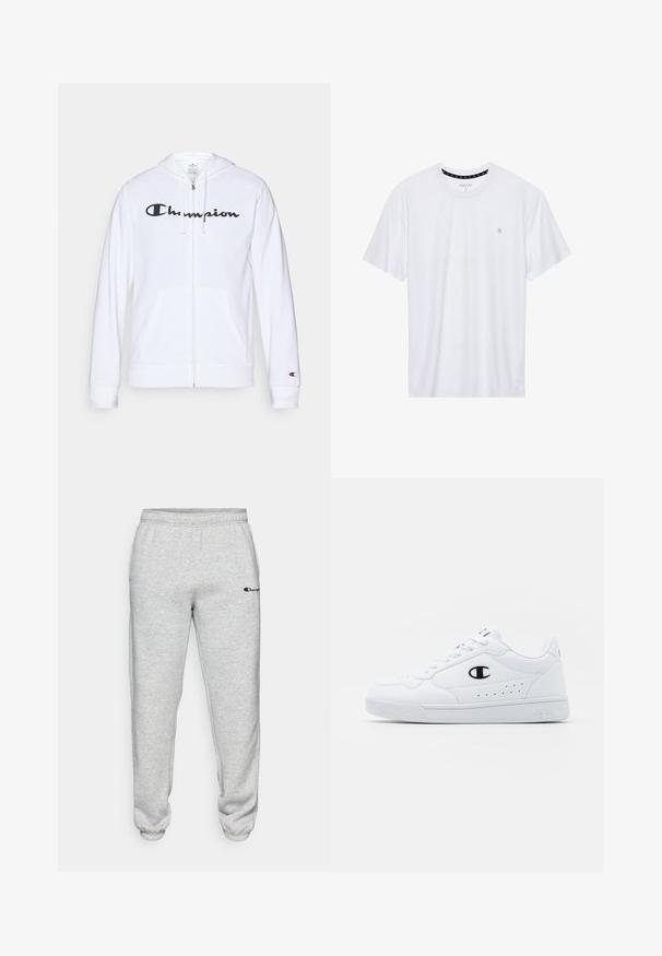 White zip-up hoodie made of soft fabric, featuring a black "Champion" logo on the chest, kangaroo pockets, and ribbed cuffs.; White crewneck t-shirt made of cotton, featuring short sleeves and a small logo embroidered on the left chest area. Soft texture.; Champion ICONS ELASTIC CUFF SMALL LOGO - Tracksuit bottoms - grey; White athletic sneakers with a smooth synthetic upper, black logo accent, and perforated detailing on the side. Rubber sole.