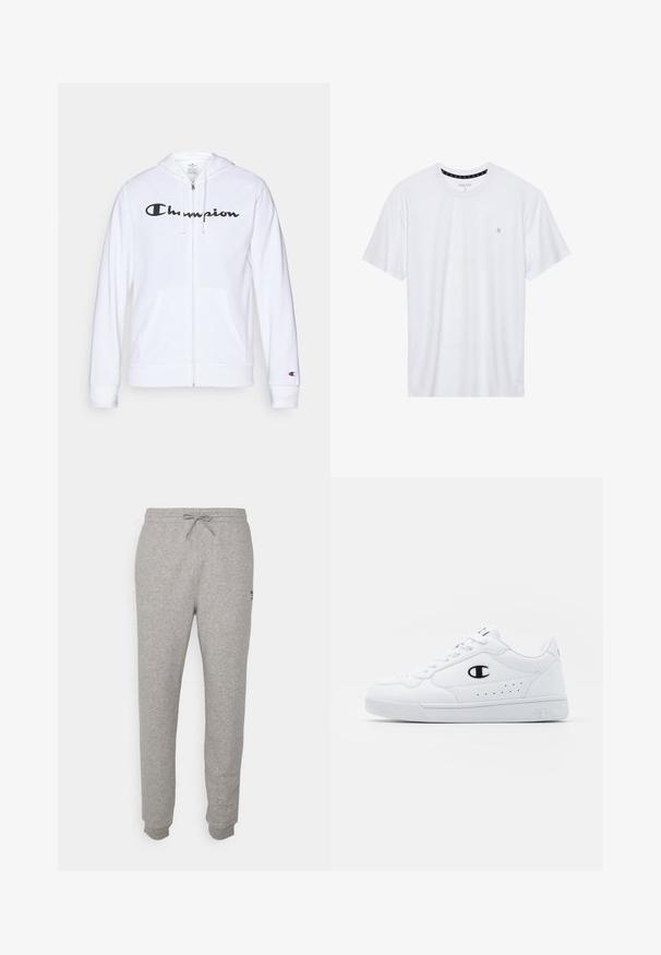 Vit zip-up hoodie i mjukt tyg, med en svart "Champion"-logotyp på bröstet, kängurufickor och ribbad mudd.; Vitt crewneck t-shirt i bomull, med korta ärmar och en liten logotyp broderad på vänstra bröstområdet. Mjuk textur.; Grå sweatpants av mjukt material, med dragsko i midjan och avsmalnande ben, ribbad mudd och en liten logotypdetalj på ena sidan.; Vita atletiska sneakers med en slät syntetisk ovandel, svart logotypdetalj och perforerade detaljer på sidan. Gummisula.