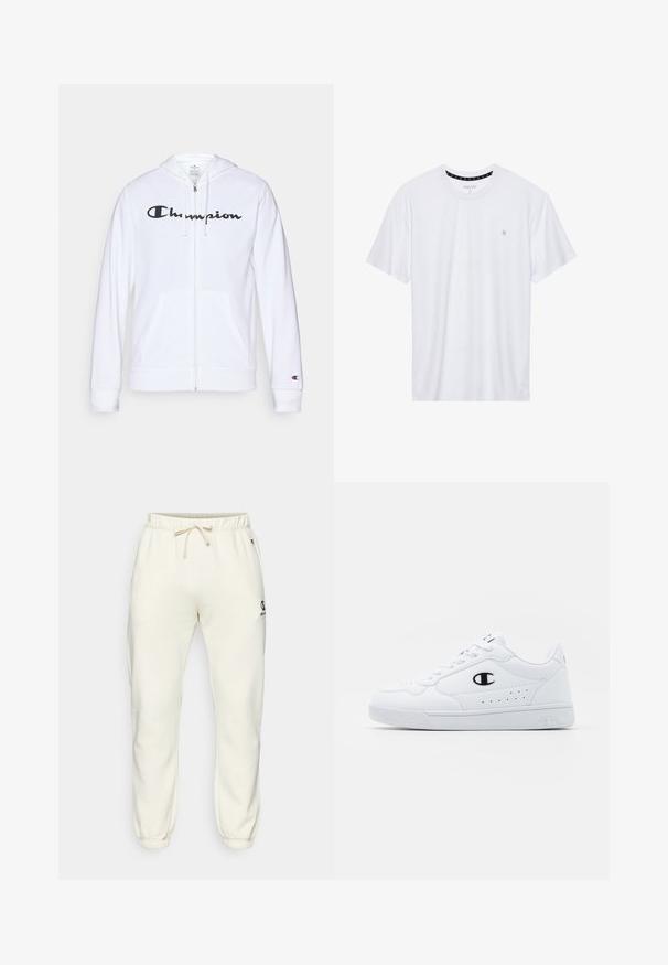 Sudadera blanca con cremallera hecha de tela suave, que presenta un logo negro de "Champion" en el pecho, bolsillos tipo canguro y puños acanalados.; Camiseta de algodón de cuello redondo en color blanco, con mangas cortas y un pequeño logo bordado en el área del pecho izquierdo. Textura suave.; Pantalones jogger color crema hechos de tela suave, con cinturilla elástica y cordón, puños ajustados y un pequeño logo en el lateral.; Zapatillas deportivas blancas con un upper sintético suave, acento del logo en negro y detalles perforados en los laterales. Suela de goma.