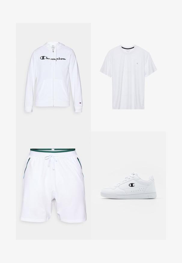 Valge tõmbluku eest avanev kapuutsiga pusa, mis on valmistatud pehmest kangast. Ees on must "Champion" logo, taskud on nagu känguru taskud ja varrukaotsad on soonilised.; Valge ümar kaelusega T-särk, mis on valmistatud puuvillast, lühikeste varrukatega ja vasakus rinnas on väike tikand. Pehme tekstuur.; Valged spordilühikesed, millel on rohelise triibuga vöökoht, kontrastsed sinised tõmblukkidega taskud ning sile tekstuur. Tavalise lõikega disain.; Valged spordijalatsid, millel on sile sünteetiline pealmine osa, must logo aktsent ja perforatsioonid külgedel. Kummikreen.