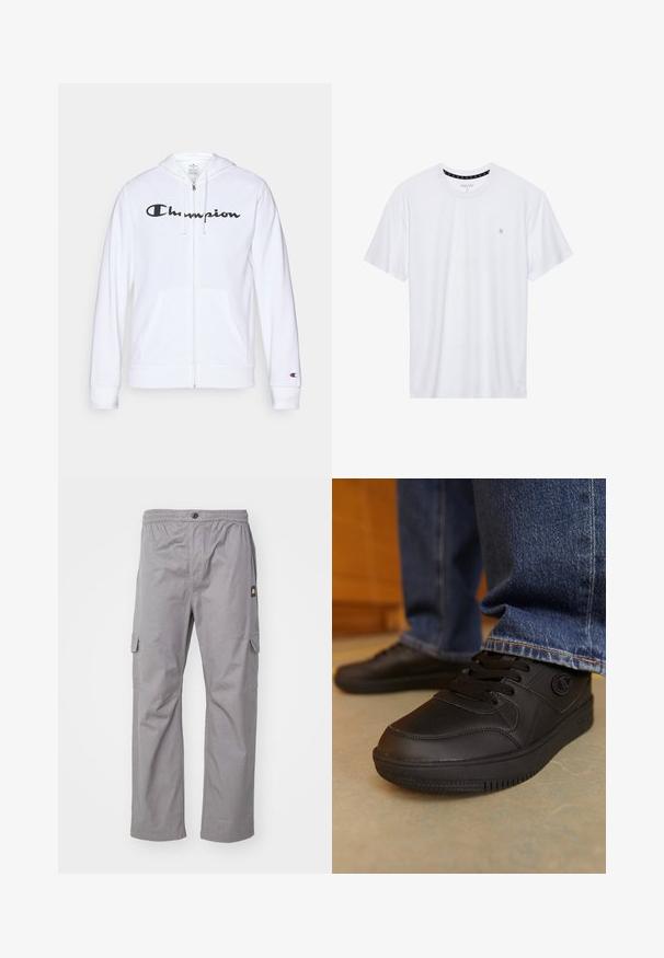 Balta užtrauktuku užsegama džemperis, pagamintas iš minkštos medžiagos, su juodu "Champion" logotipu krūtinėje, kengūrų tipo kišenėmis ir ribotu rankogaliais.; Balta apvalios kaklo marškinėliai, pagaminti iš medvilnės, su trumpomis rankovėmis ir mažuoju logotipu, išsiuvinėtu kairėje krūtinės pusėje. Minkštas audinys.; Pilkos spalvos krovinių kelnės su elastine juosmens juosta, sagčių užsegimu, dviem šoninėmis kišenėmis ir maža logotipo etikete kairėje pusėje. Minkšta medžiaga ir tiesiogis kirpimas.; Juodų sportinių batų su lygiu sintetine medžiaga. Yra raištelių užsegimas ir tekstūruoti akcentai viršuje. Guma padais su protektoriumi.
