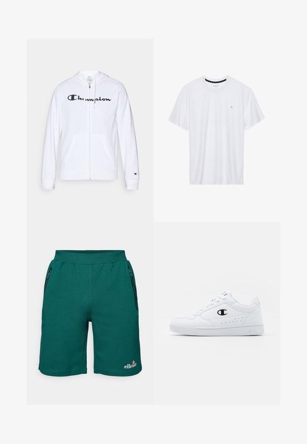 Hvit zip-up hettegenser laget av myk stoff, med en svart "Champion" logo på brystet, kengurulommer og ribbede mansjetter.; Hvit crewneck t-skjorte laget av bomull, med korte ermer og en liten logo brodert på venstre brystområde. Myk tekstur.; Grønne treningsshorts laget av myk stoff, med elastisk midje, sidelommer med glidelås og en logo på nederste venstre side.; Hvite atletiske joggesko med en glatt syntetisk overdel, svart logo-akcent og perforerte detaljer på siden. Gummisåle.