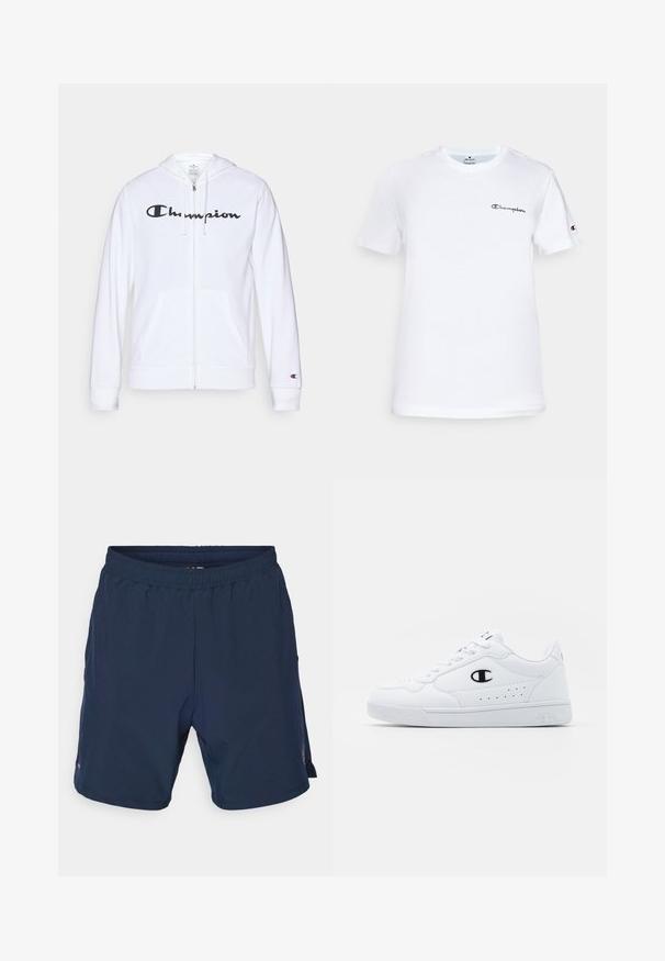 Bela zip-up kapuca iz mehkega materiala, s črnim logotipom "Champion" na prsih, kengurujskimi žepi in rebrastimi manšetami.; Bela bomba iz bombažne tkanine s krožnim izrezom, kratkimi rokavi in črnim vezenim logotipom "Champion" na prsih in akcentom na rokavu.; Temno modri športni šortsi iz lahkega materiala. Imajo elastičen pas in majhen logo na spodnji levi strani.; Bela atletska športna obutev z gladkim sintetičnim zgornjim delom, črnimi logotipnimi detajli in perforacijami na strani. Guma podplat.