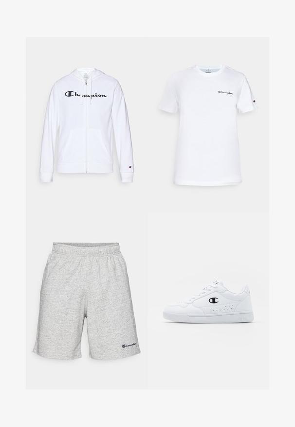 Weißer Reißverschluss-Hoodie aus weichem Stoff, mit einem schwarzen "Champion"-Logo auf der Brust, Kängurutaschen und gerippten Bündchen.; Weißes Baumwoll-T-Shirt mit rundem Halsausschnitt, kurzen Ärmeln und schwarzem gesticktem "Champion"-Logo auf der Brust und am Ärmel.; Graue Jersey-Shorts mit elastischem Bund und einem marineblauen "Champion"-Logo auf der unteren linken Seite.; Weißes sportliches Sneakerpaar mit glattem, synthetischen Obermaterial, schwarzem Logo-Akzent und perforierten Details an der Seite. Gummisohle.