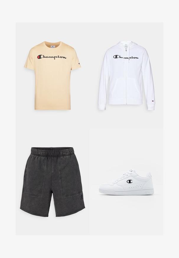 White zip-up hoodie made of soft fabric, featuring a black "Champion" logo on the chest, kangaroo pockets, and ribbed cuffs.; Beige cotton t-shirt with short sleeves, featuring "Champion" logo in black and red across the chest and a small logo on the sleeve.; Black cotton shorts with an elastic waistband, two front pockets, and a logo accent on the lower hem. Features a smooth texture and casual fit.; White athletic sneakers with a smooth synthetic upper, black logo accent, and perforated detailing on the side. Rubber sole.