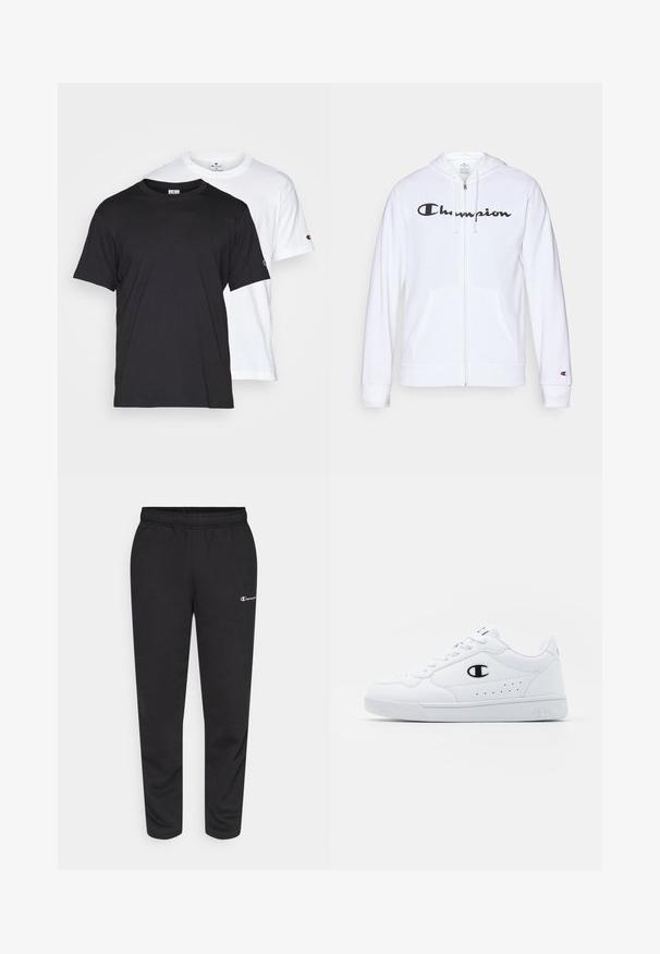Biela zipsová mikina vyrobená z mäkkej tkaniny, s čiernym logom "Champion" na hrudi, klokankovými vreckami a rebrovanými manžetami.; Champion CREWNECK TEE 2 PACK - Základné tričko - white/black; Čierne tepláky vyrobené z bavlneného zmesi, s elastickým pásom a malým bielym logom na ľavej strane. Zúžený strih nohavíc.; Biele športové tenisky s hladkým syntetickým zvrškom, čiernym logom a perforovanými detailmi na boku. Gumová podošva.