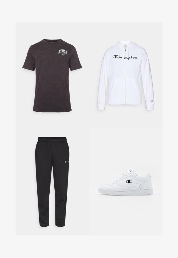 Bílá mikina na zip vyrobená z měkké tkaniny, s černým logem "Champion" na hrudi, kapsami ve tvaru klokaní kapsy a žebrovanými manžetami.; Černé tričko s krátkým rukávem vyrobené z bavlny, s poškozeným vzhledem a bílým tištěným logem "PUMA sports club" na hrudi.; Černé tepláky vyrobené z bavlněné směsi, s elastickým pasem a malým bílým logem na levé straně. Design se zúženými nohavicemi.; Bílé sportovní tenisky s hladkým syntetickým svrškem, černým logem a perforovanými detaily po stranách. Gumová podrážka.