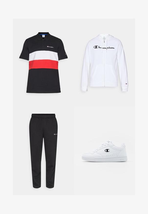 Bílá mikina na zip vyrobená z měkké tkaniny, s černým logem "Champion" na hrudi, kapsami ve tvaru klokaní kapsy a žebrovanými manžetami.; Černé polo tričko s bílým a červeným vodorovným pruhem. Má zapínání na tři knoflíky a vyšívané logo „Champion“ v bílé barvě.; Černé tepláky vyrobené z bavlněné směsi, s elastickým pasem a malým bílým logem na levé straně. Design se zúženými nohavicemi.; Bílé sportovní tenisky s hladkým syntetickým svrškem, černým logem a perforovanými detaily po stranách. Gumová podrážka.