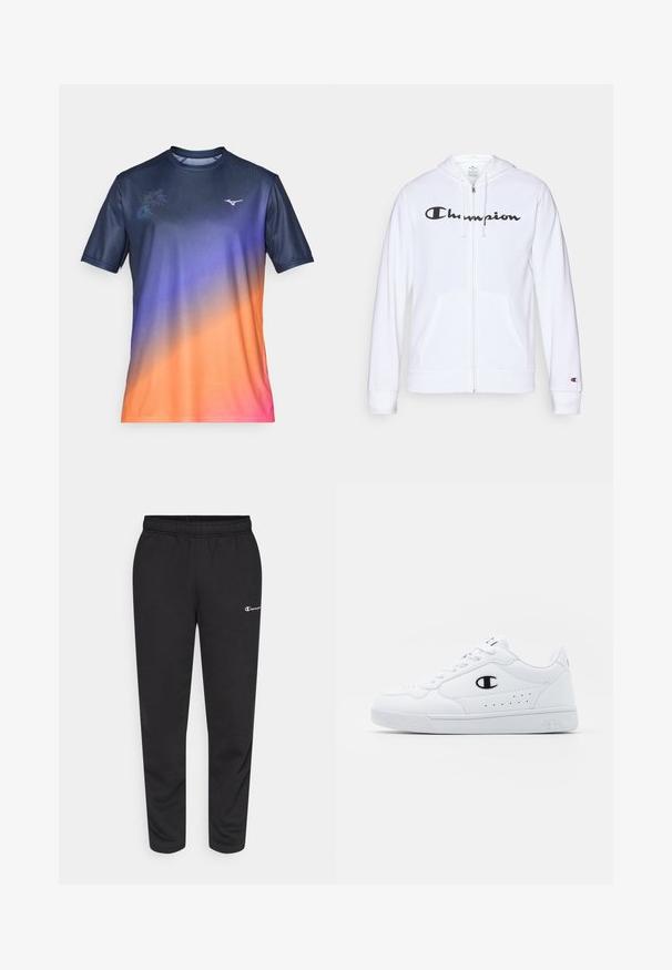 Hvit zip-up hettegenser laget av myk stoff, med en svart "Champion" logo på brystet, kengurulommer og ribbede mansjetter.; Kortermet treningstrøye i en gradient av marineblå, lilla, oransje og rosa. Har et subtilt blomstermønster og logo på brystet. Glatt stoff.;  svarte sweatpants laget av en bomullsblanding, med elastisk midjebånd og en liten hvit logo på venstre side. Tapered ben design.; Hvite atletiske joggesko med en glatt syntetisk overdel, svart logo-akcent og perforerte detaljer på siden. Gummisåle.