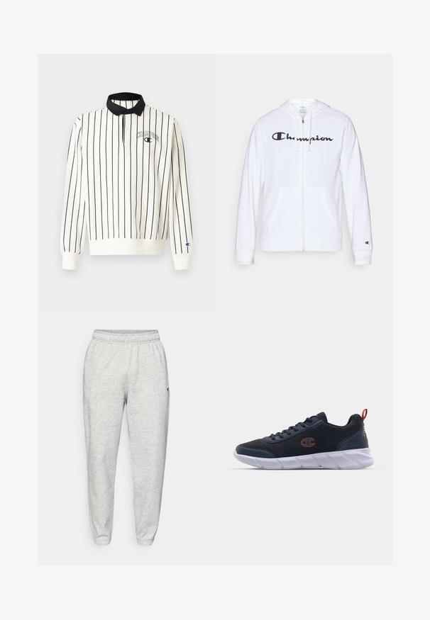 Hvit zip-up hettegenser laget av myk stoff, med en svart "Champion" logo på brystet, kengurulommer og ribbede mansjetter.; Hvit langermet polo med svarte vertikale striper, en ensfarget svart krage, og en liten "Champion"-logo på venstre bryst. Mansjetter på ermene.; Champion ICONS CUFF PANTS - Joggebukse - grey; Champion JOLT - Treningssko - navy/koi