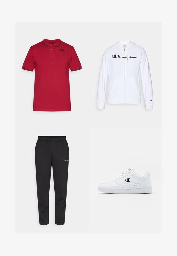 Fehér zipzáros kapucnis felső, puha anyagból készült, fekete "Champion" logóval a mellkasán, kenguruzsebekkel és bordás mandzsettákkal.; Piros pamut póló, gallérral, rövid ujjak fekete csíkokkal díszítve, és egy kis hímzett logóval a mellen.; Fekete pamutkeverék melegítőnadrág, rugalmas derékkal és egy kis fehér logóval a bal oldalon. Felhúzott lábujjakkal rendelkező fazon.; Fehér sportcipők sima, szintetikus felsőrésszel, fekete logóval és perforált részletekkel az oldalon. Gumi talp.