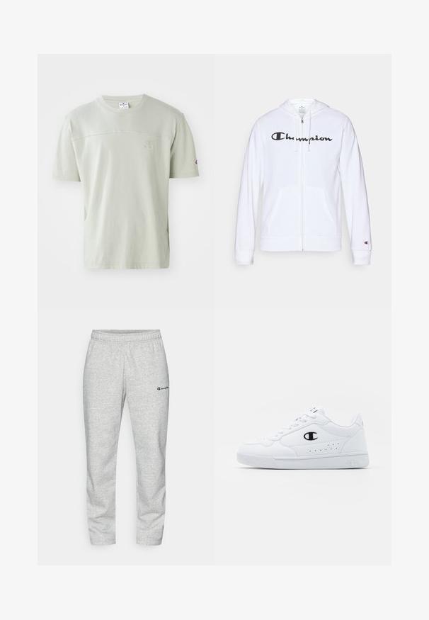 Fehér zipzáros kapucnis felső, puha anyagból készült, fekete "Champion" logóval a mellkasán, kenguruzsebekkel és bordás mandzsettákkal.; Világoszöld, rövid ujjú, pamut póló. Kerek nyakkivágással és egy diszkrét logóval a mellrészen. Sima textúrával és laza fazonnal rendelkezik.; Szürke pamut keverék sportnadrág, elasztikus derékpánttal, a bal lábon egy kis hímzett kék logóval.; Fehér sportcipők sima, szintetikus felsőrésszel, fekete logóval és perforált részletekkel az oldalon. Gumi talp.