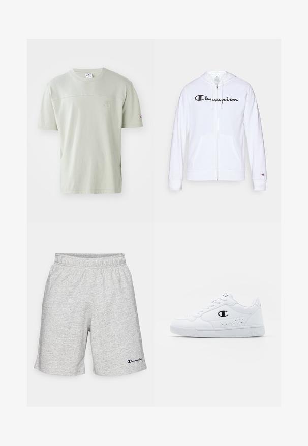 Hvit zip-up hettegenser laget av myk stoff, med en svart "Champion" logo på brystet, kengurulommer og ribbede mansjetter.; Lysegrønn t-skjorte med korte ermer laget av bomull. Har rund hals og en subtil logo på brystet. Glatt tekstur med en avslappet passform.; Grå jersey-materiale shorts med elastisk linning og en marineblå "Champion"-logo på nedre venstre side.; Hvite atletiske joggesko med en glatt syntetisk overdel, svart logo-akcent og perforerte detaljer på siden. Gummisåle.