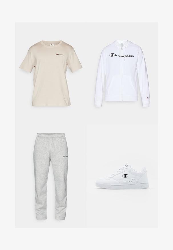 Balts zip-up džemperis, izgatavots no mīkstas auduma, ar melnu "Champion" logotipu uz krūtīm, kengura kabatām un ribotām piedurknēm.; Champion ICONS CREWNECK WITH SMALL LOGO - Apdrukāts T-krekls - beige; Pelēkas treniņbikses, kas izgatavotas no kokvilnas maisījuma, ar elastīgu jostasvītru un nelielu izšūtu logotipu tumši zilā krāsā uz kreisā kājas.; Baltas sporta apavi ar gludu sintētisku augšdaļu, melnu logotipa akcentu un perforētu apdari sānos. Gumijas zole.