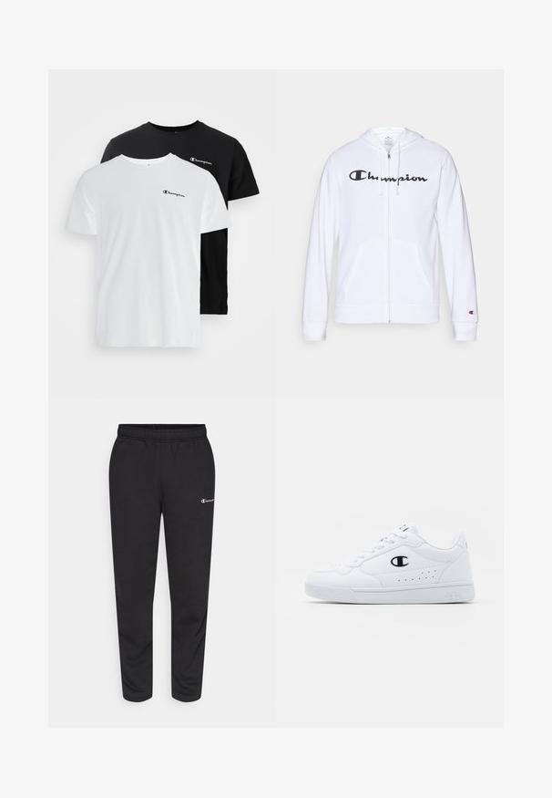 Bílá mikina na zip vyrobená z měkké tkaniny, s černým logem "Champion" na hrudi, kapsami ve tvaru klokaní kapsy a žebrovanými manžetami.; Dvě trička s krátkým rukávem z bílé a černé bavlny, s malým logem Champion na hrudi. Jednoduchý design s kulatým výstřihem.; Černé tepláky vyrobené z bavlněné směsi, s elastickým pasem a malým bílým logem na levé straně. Design se zúženými nohavicemi.; Bílé sportovní tenisky s hladkým syntetickým svrškem, černým logem a perforovanými detaily po stranách. Gumová podrážka.