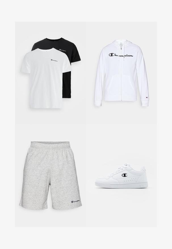 Hvid zip-hoodie lavet af blødt stof, med et sort "Champion" logo på brystet, kængurulommer og ribbede manchetter.; To kortærmede T-shirts i hvid og sort bomuld med et lille Champion-logo på brystet. Simpel crew neck-design.; Grå shorts i jersey-materiale med elastisk talje og et navy blåt "Champion"-logo nederst til venstre.; Hvide atletiske sneakers med en glat syntetisk overdel, sort logoaccent og perforerede detaljer på siden. Gummisål.