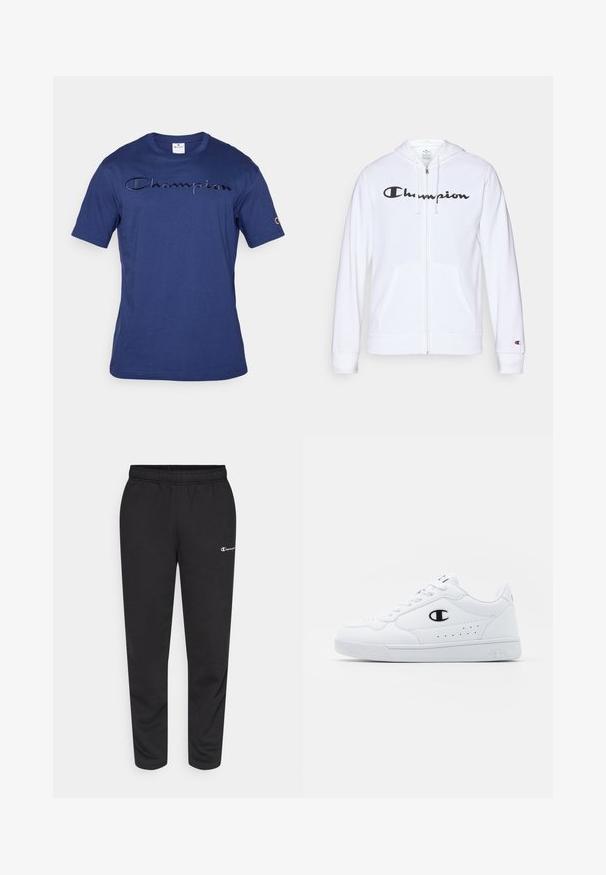 Balts zip-up džemperis, izgatavots no mīkstas auduma, ar melnu "Champion" logotipu uz krūtīm, kengura kabatām un ribotām piedurknēm.; Tums zilganas kokvilnas T-krekls ar teksturētu "Champion" logotipu uz krūtīm un izšūtu logotipu uz kreisā piedurkne. Īsas piedurknes, apaļa kakla izgriezums.; Melni sporta bikses, izgatavotas no kokvilnas maisījuma, ar elastīgu jostasvietu un mazu baltu logo kreisajā pusē. Šauras kāju formas dizains.; Baltas sporta apavi ar gludu sintētisku augšdaļu, melnu logotipa akcentu un perforētu apdari sānos. Gumijas zole.