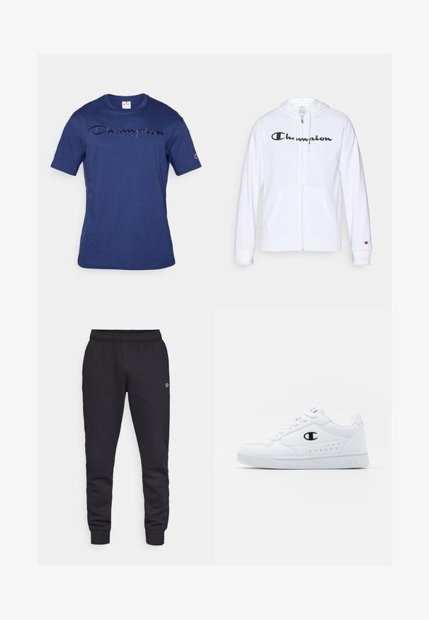 Bílá mikina na zip vyrobená z měkké tkaniny, s černým logem "Champion" na hrudi, kapsami ve tvaru klokaní kapsy a žebrovanými manžetami.; Námořnická modrá bavlněná tričko s texturovaným logem "Champion" na hrudi a vyšitým logem na levém rukávu. Krátké rukávy, kulatý výstřih.; Černé bavlněné tepláky s elastickým pasem a manžetami. Obsahují detail loga na boku. Hladká textura, zúžený střih.; Bílé sportovní tenisky s hladkým syntetickým svrškem, černým logem a perforovanými detaily po stranách. Gumová podrážka.