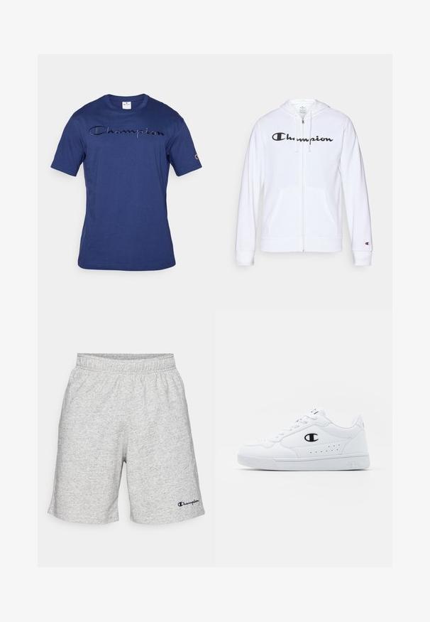 Witte zip-up hoodie van zachte stof, met een zwart "Champion" logo op de borst, kangoeroe zakken en geribbelde manchetten.; Navyblauwe katoenen t-shirt met een gestructureerd "Champion" logo op de borst en een geborduurd logo op de linkermouw. Korte mouwen, ronde hals.; Grijze jersey materiaal shorts met een elastische tailleband en een marineblauw "Champion" logo op de linkeronderkant.; Witte sportschoenen met een glad bovenwerk van synthetisch materiaal, zwarte logoaccenten en geperforeerde details aan de zijkant. Rubberen zool.