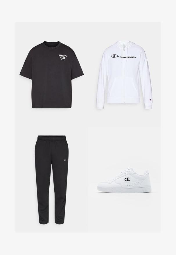 Sweatshirt branca com fecho, feita de tecido macio, apresentando um logótipo preto da "Champion" no peito, bolsos canguru e punhos canelados.; T-shirt preto de mangas curtas feito de algodão. Apresenta "ATHLETIC CLUB" em texto branco na área do peito esquerdo. Design clássico de gola redonda.; Calças de moletão pretas feitas de uma mistura de algodão, com um cós elástico e um pequeno logotipo branco no lado esquerdo. Design de pernas afuniladas.; Sapatilhas brancas de desporto com um cabedal sintético liso, detalhes em preto no logótipo e perfurações na lateral. Sola em borracha.