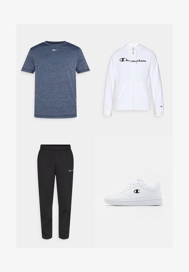 Hvit zip-up hettegenser laget av myk stoff, med en svart "Champion" logo på brystet, kengurulommer og ribbede mansjetter.; T-skjorte med kort erm i mørkeblå med en teksturert, melert design. Har rund hals og en liten logo på brystet.; svarte sweatpants laget av en bomullsblanding, med elastisk midjebånd og en liten hvit logo på venstre side. Tapered ben design.; Hvite atletiske joggesko med en glatt syntetisk overdel, svart logo-akcent og perforerte detaljer på siden. Gummisåle.