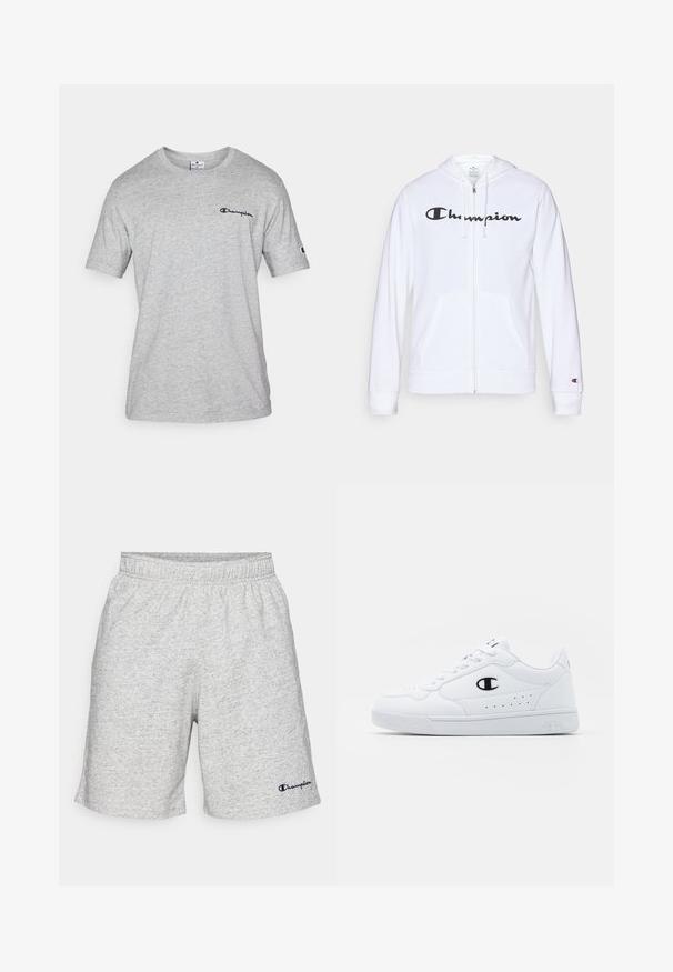 Bijela zip-up dukserica izrađena od mekog materijala, s crnim "Champion" logotipom na prsima, kengur džepovima i rebrastim manžetama.; Siva majica kratkih rukava izrađena od meke pamučne mješavine, s malim tamnim logom na gornjoj lijevoj strani prsiju i logom na rukavu.; Šortsevi od sivog džersija s elastičnom gumom u struku i mornarsko plavim "Champion" logotipom na donjoj lijevoj strani.; Bijele atletske tenisice s glatkim sintetičkim gornjištem, crnim logotipom i perforiranim detaljima sa strane. Guma potplat.