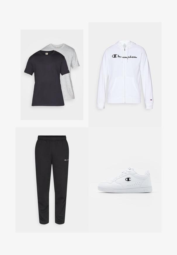 Bílá mikina na zip vyrobená z měkké tkaniny, s černým logem "Champion" na hrudi, kapsami ve tvaru klokaní kapsy a žebrovanými manžetami.; Dvě trička s krátkým rukávem, jedno černé a jedno světle šedé. Obě jsou vyrobena z bavlny, mají kulaté výstřihy a volnější střih.; Černé tepláky vyrobené z bavlněné směsi, s elastickým pasem a malým bílým logem na levé straně. Design se zúženými nohavicemi.; Bílé sportovní tenisky s hladkým syntetickým svrškem, černým logem a perforovanými detaily po stranách. Gumová podrážka.