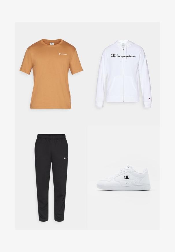 White zip-up hoodie made of soft fabric, featuring a black "Champion" logo on the chest, kangaroo pockets, and ribbed cuffs.; Champion ICONS CREWNECK WITH SMALL LOGO - Print T-shirt - brown; Black sweatpants made of cotton blend, featuring an elastic waistband and a small white logo on the left side. Tapered leg design.; White athletic sneakers with a smooth synthetic upper, black logo accent, and perforated detailing on the side. Rubber sole.