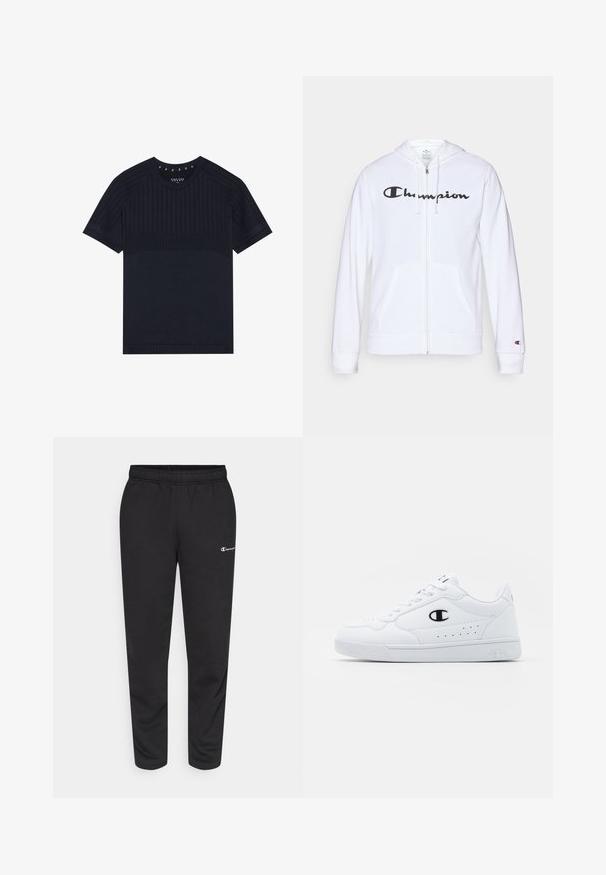 Λευκό ζακέτα με φερμουάρ φτιαγμένη από μαλακό ύφασμα, με το μαύρο λογότυπο "Champion" στο στήθος, καγκουρό τσέπες και ριμπ μανσέτες.; Μπλε ναυτικό κοντομάνικο μπλουζάκι φτιαγμένο από υφασμάτινη αφή, με οριζόντιες ρίγες στο στήθος και λείο κάτω μέρος. Στρογγυλή λαιμόκοψη.; Μαύρες φόρμες κατασκευασμένες από μείγμα βαμβακιού, με ελαστική μέση και μικρό λευκό λογότυπο στην αριστερή πλευρά. Σχεδίαση με στενές μανσέτες.; Λευκά αθλητικά παπούτσια με λεία συνθετική επένδυση, μαύρη λογότυπη λεπτομέρεια και τρυπητές λεπτομέρειες στο πλάι. Ελαστική σόλα.