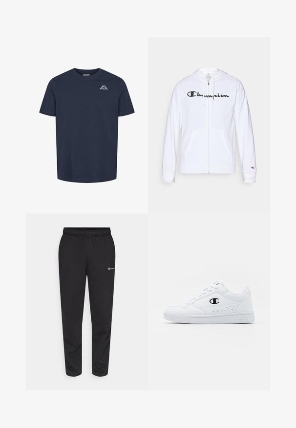Hvit zip-up hettegenser laget av myk stoff, med en svart "Champion" logo på brystet, kengurulommer og ribbede mansjetter.; Mørkeblå kortermet T-skjorte med rund hals og lite hvitt emblem på venstre bryst som viser to sittende figurer rygg mot rygg.; svarte sweatpants laget av en bomullsblanding, med elastisk midjebånd og en liten hvit logo på venstre side. Tapered ben design.; Hvite atletiske joggesko med en glatt syntetisk overdel, svart logo-akcent og perforerte detaljer på siden. Gummisåle.