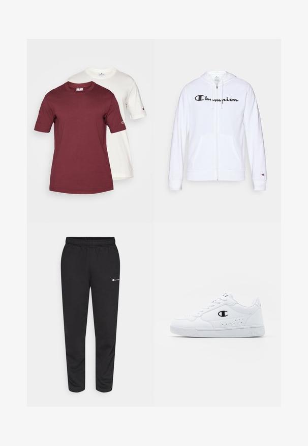 Hvit zip-up hettegenser laget av myk stoff, med en svart "Champion" logo på brystet, kengurulommer og ribbede mansjetter.; To korte ermene T-skjorter stablet; en maroon og en hvit. Begge er laget av bomull, har rund hals og logo på ermet.; svarte sweatpants laget av en bomullsblanding, med elastisk midjebånd og en liten hvit logo på venstre side. Tapered ben design.; Hvite atletiske joggesko med en glatt syntetisk overdel, svart logo-akcent og perforerte detaljer på siden. Gummisåle.