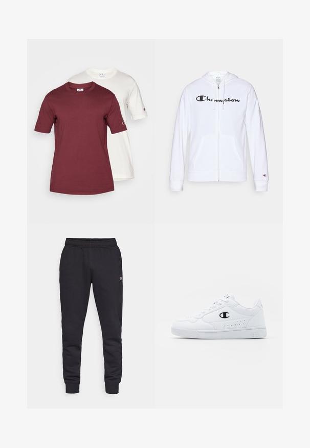 Bijela zip-up dukserica izrađena od mekog materijala, s crnim "Champion" logotipom na prsima, kengur džepovima i rebrastim manžetama.; Dva kratka rukava T-majice složene jedna na drugu; jedna je bordo, a druga bijela. Obje su izrađene od pamuka, imaju okrugli izrez i logo na rukavu.; Crne pamučne trenirke s elastičnim pojasom i manžetama. Sadrži detalj s logotipom sa strane. Glatka tekstura, suženi dizajn.; Bijele atletske tenisice s glatkim sintetičkim gornjištem, crnim logotipom i perforiranim detaljima sa strane. Guma potplat.