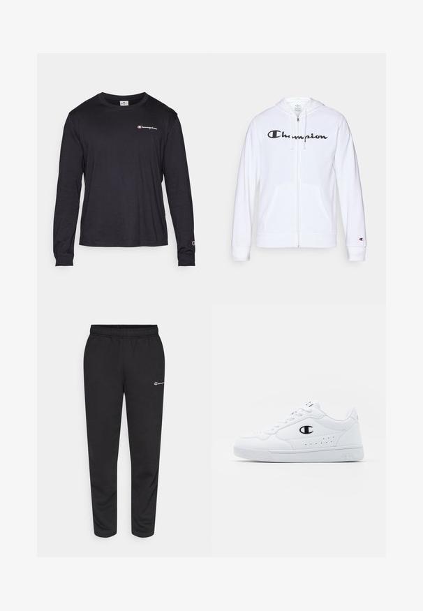 Fehér zipzáros kapucnis felső, puha anyagból készült, fekete "Champion" logóval a mellkasán, kenguruzsebekkel és bordás mandzsettákkal.; Champion ICONS CREWNECK LONG SLEEVE - Hosszú ujjú felső - black; Fekete pamutkeverék melegítőnadrág, rugalmas derékkal és egy kis fehér logóval a bal oldalon. Felhúzott lábujjakkal rendelkező fazon.; Fehér sportcipők sima, szintetikus felsőrésszel, fekete logóval és perforált részletekkel az oldalon. Gumi talp.