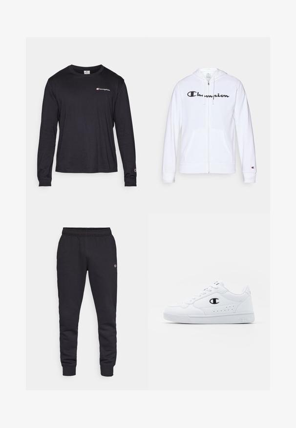 Sweatshirt branca com fecho, feita de tecido macio, apresentando um logótipo preto da "Champion" no peito, bolsos canguru e punhos canelados.; Champion ICONS CREWNECK LONG SLEEVE - Camisola de manga comprida - black; Calças de moletão pretas em algodão com uma cintura elástica e punhos. Apresenta detalhe do logotipo na lateral. Textura suave, design ajustado.; Sapatilhas brancas de desporto com um cabedal sintético liso, detalhes em preto no logótipo e perfurações na lateral. Sola em borracha.