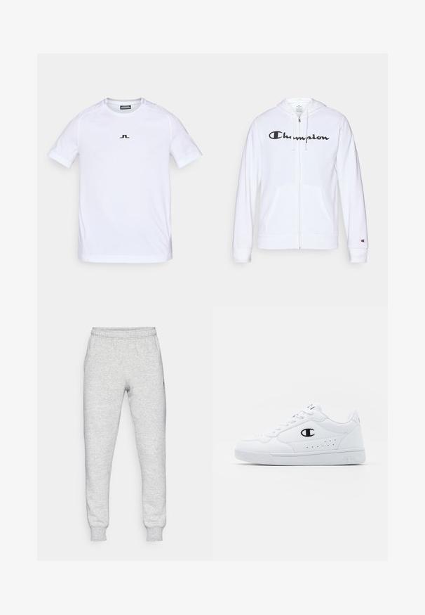 Hvit zip-up hettegenser laget av myk stoff, med en svart "Champion" logo på brystet, kengurulommer og ribbede mansjetter.; Hvit kortermet treningstrøye laget av lett materiale. Har en subtil svart logo på brystet og ergonomisk sømdesign for komfort.; Grå joggebukser laget av myk bomullsblanding, med elastisk midje, innsnevrede ben og en liten logo på venstre lommeområde.; Hvite atletiske joggesko med en glatt syntetisk overdel, svart logo-akcent og perforerte detaljer på siden. Gummisåle.