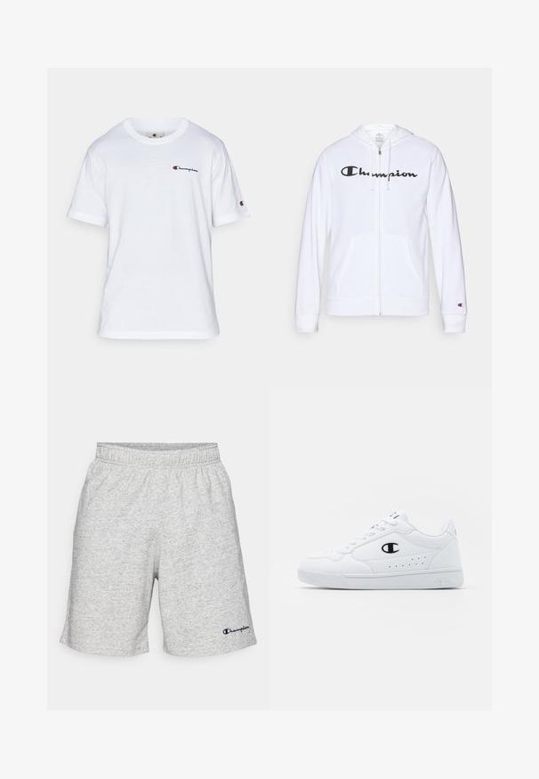Sudadera blanca con cremallera hecha de tela suave, que presenta un logo negro de "Champion" en el pecho, bolsillos tipo canguro y puños acanalados.; Camiseta de algodón blanca con cuello redondo, mangas cortas y un pequeño logo de "Champion" en negro y rojo en el lado izquierdo del pecho.; Pantalones cortos de material de jersey gris con una banda elástica en la cintura y un logo "Champion" en azul marino en la parte inferior izquierda.; Zapatillas deportivas blancas con un upper sintético suave, acento del logo en negro y detalles perforados en los laterales. Suela de goma.