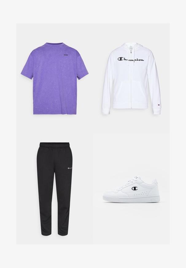 Sudadera blanca con cremallera hecha de tela suave, que presenta un logo negro de "Champion" en el pecho, bolsillos tipo canguro y puños acanalados.; Under Armour LOGO WASH - Camiseta básica - lavish/white; Pantalones de chándal negros de mezcla de algodón, con una cinturilla elástica y un pequeño logo blanco en el lado izquierdo. Diseño de pierna ajustada.; Zapatillas deportivas blancas con un upper sintético suave, acento del logo en negro y detalles perforados en los laterales. Suela de goma.